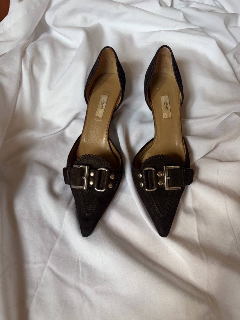 Prada Dark Brown Pointed Buckle D'Orsay Heels